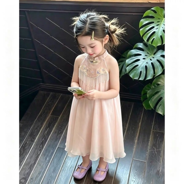 Pink Lace Dress Girls Summer Dress Chinese Style Cool Temperament Lady New Chinese Style Skir