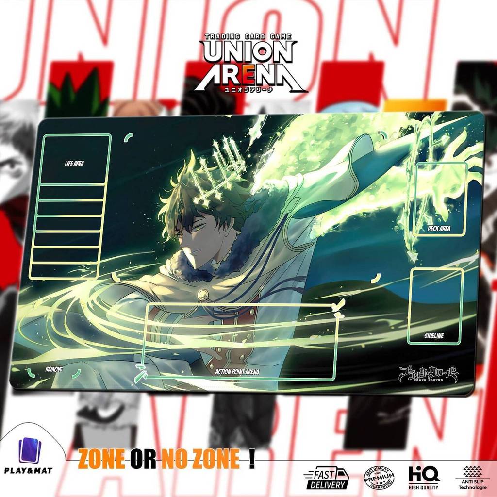 Thảm chơi Union ARENA TCG | 24x14 "(60 * 35cm) | BC3 - Cỏ ba lá đen - Stitched Edges Anime Game Card