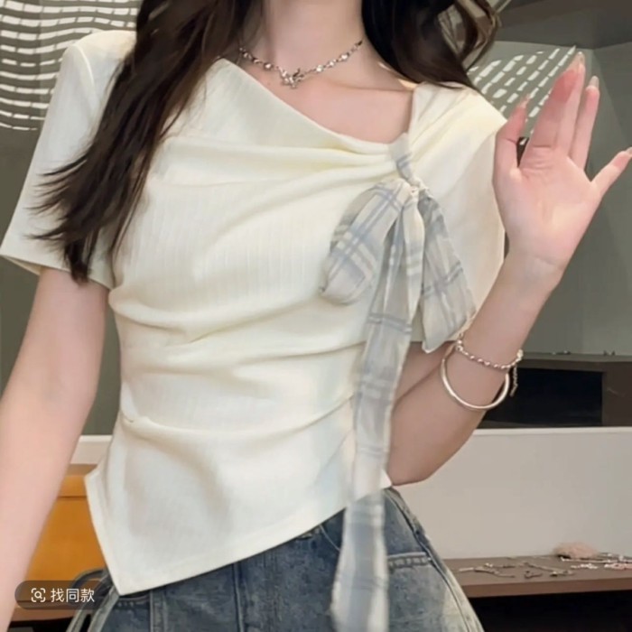 French Top For Women With Sweet Style Bow Ties And Irregular Plaid Pattern