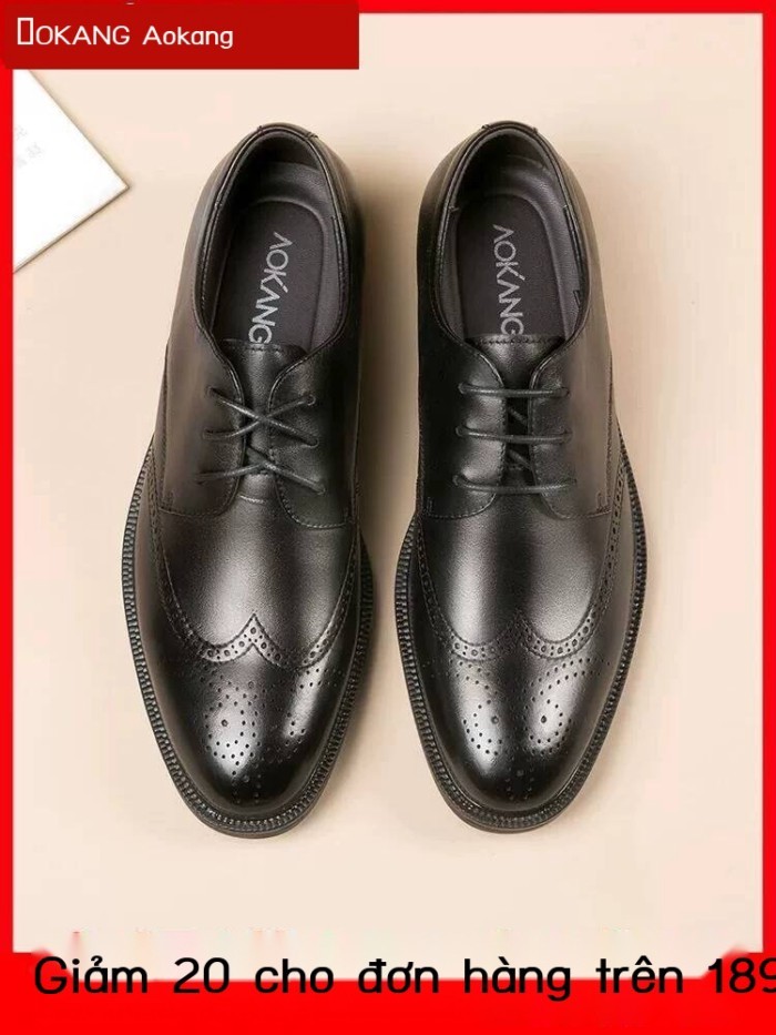 Giày Aokang, kiểu brogue nam, thật mùa xuân thu, giày da tăng chiều cao dành cho nam đi làm và dự t