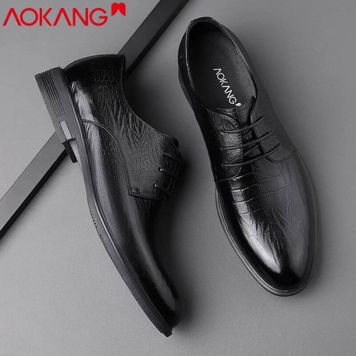 Giày công sở mùa xuân Aokang, thật, đế mềm, màu đen, thời trang và đa năng, giày da nam thường ngày
