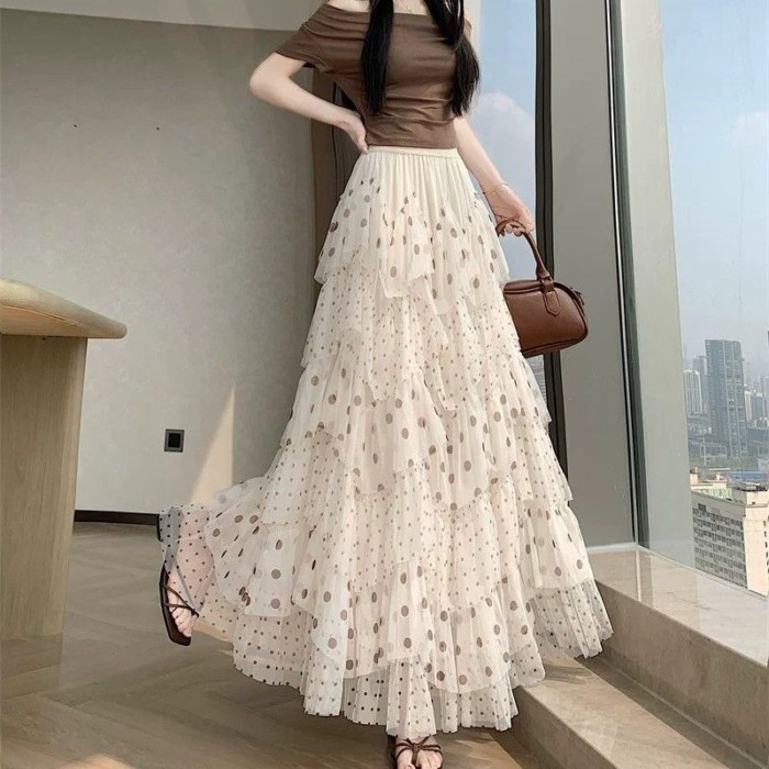 Fashion New Pure Desire Sweet Apricot Polka Dot Half Skirt Female Summer Fairy Skirt A-line S
