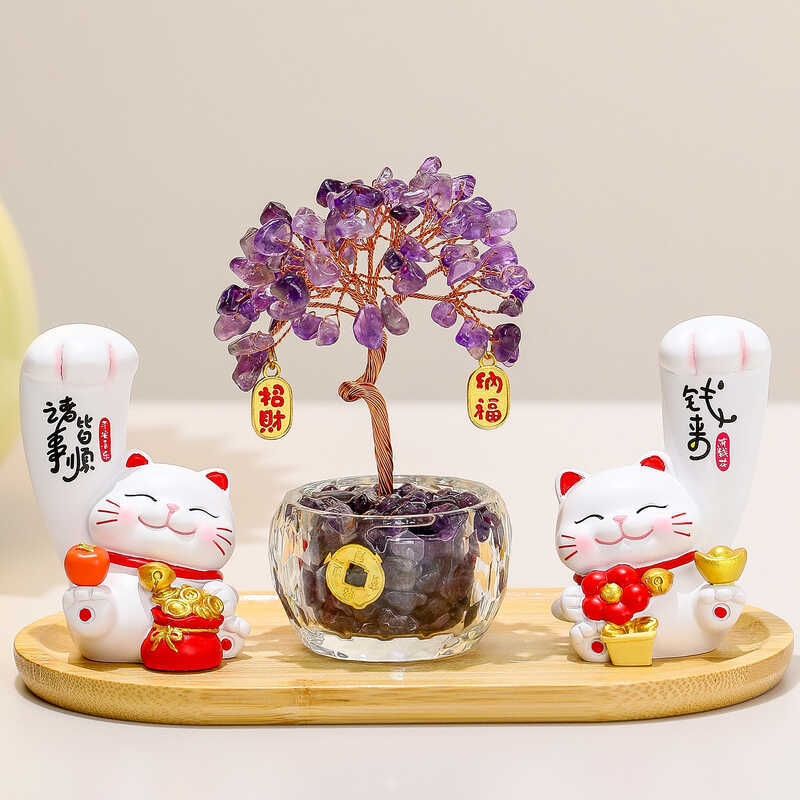 Phim hoạt hình sáng tạo Mạnh mẽ Mèo may mắn Pha lê Cây may mắn Trang trí máy tính để bàn Văn phòng V