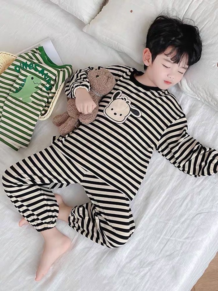 New Long-sleeved Trousers Boys And Children's Pajamas Cartoon Black And White Striped Puppy Dog