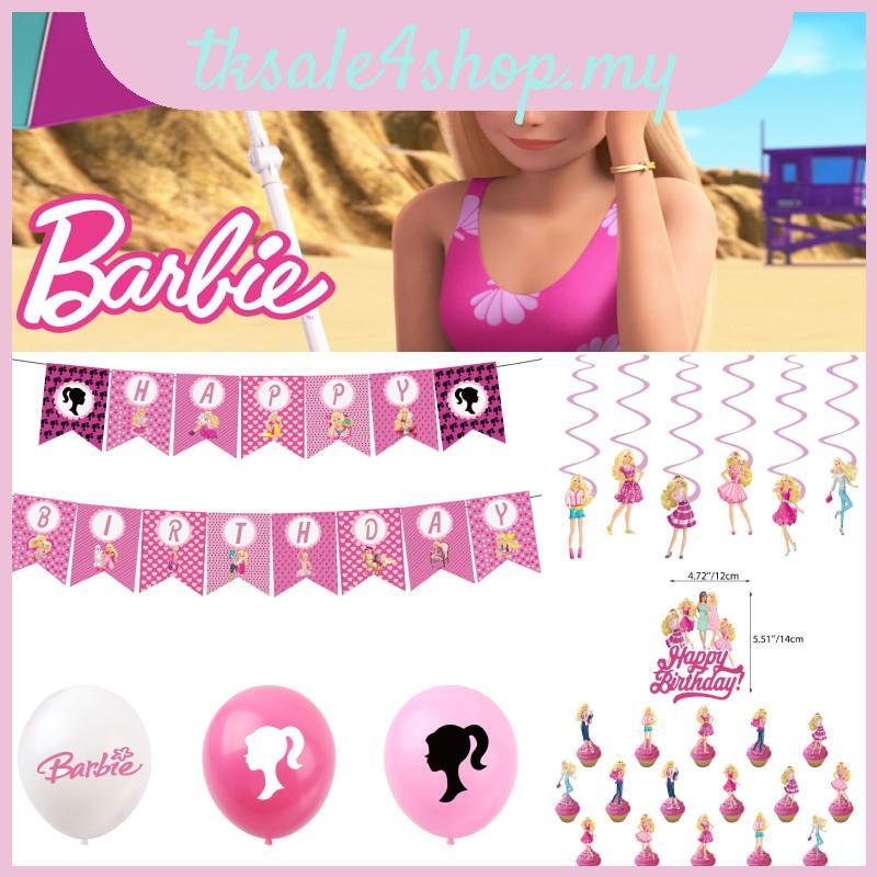 Bộ đồ dùng dự tiệc sinh nhật màu tím theo chủ đề búp bê Barbie hoàn hảo với cờ hoạt hình, bóng bay c