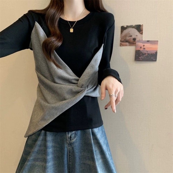 Fake Two Unique And Unique Long-sleeved T-shirts For Women In Autumn And Winter With Micro-de