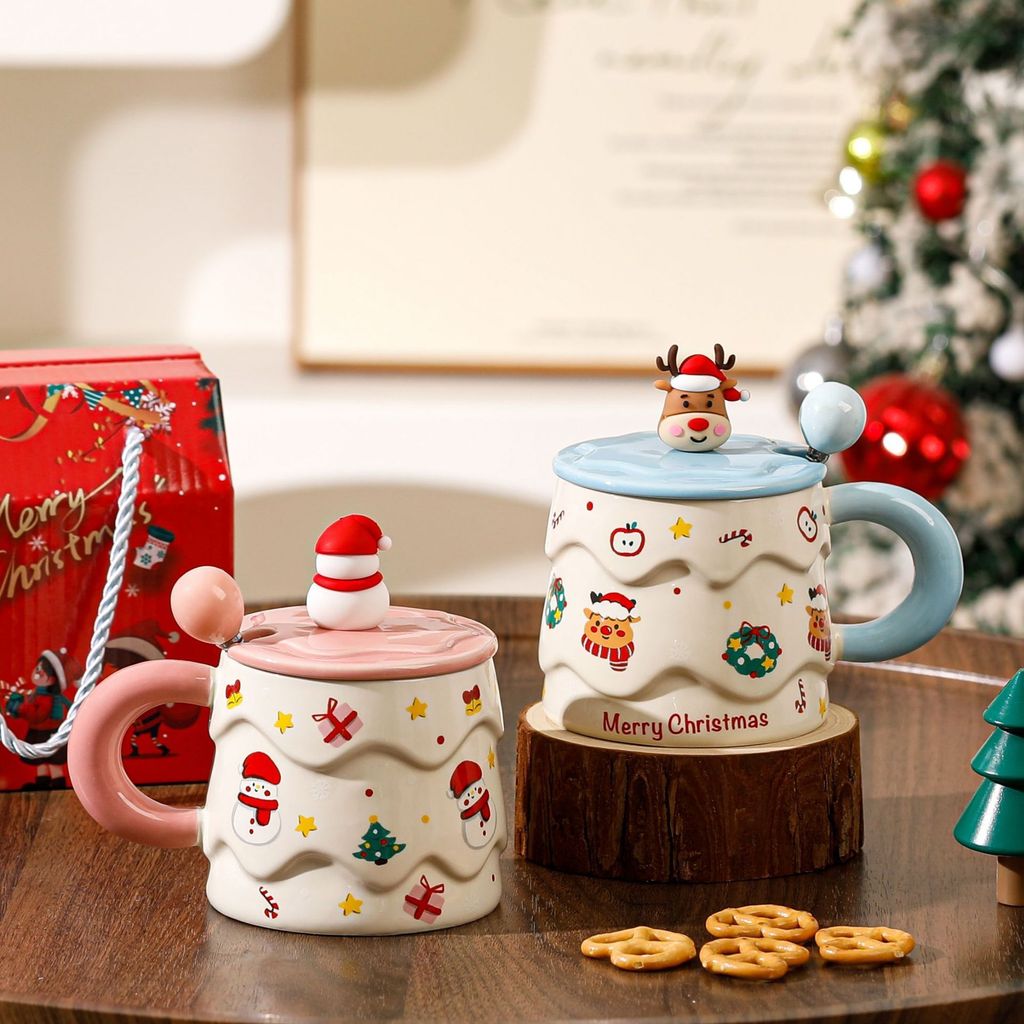 Cốc Giáng Sinh 350ml Cốc Dễ Thương Cốc Gốm Chịu Nhiệt Độ Cao Có Nắp Thìa