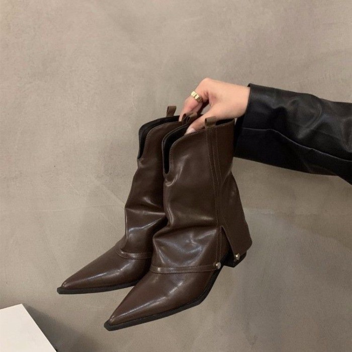 Da mềm mũi nhọn Giày Chelsea Boot nữ tay mới giảm béo giày bốt ngắn gót dày giày bốt mỏng