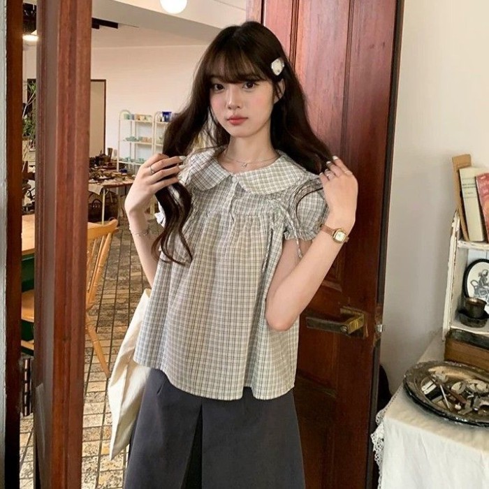 áo sơ mi ngắn tay cổ búp bê kẻ sọc cho nữ dáng rộng dáng ôm, nhiều áo thời trang trẻ trung pamin