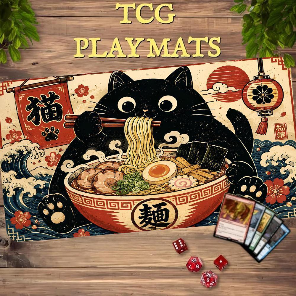 Nhật Bản Ukiyo-e Mèo Đen Ăn Ramen TCG Playmat Sóng Dễ Thương Sakura MTG Magic Game Thảm Chống Trượt 