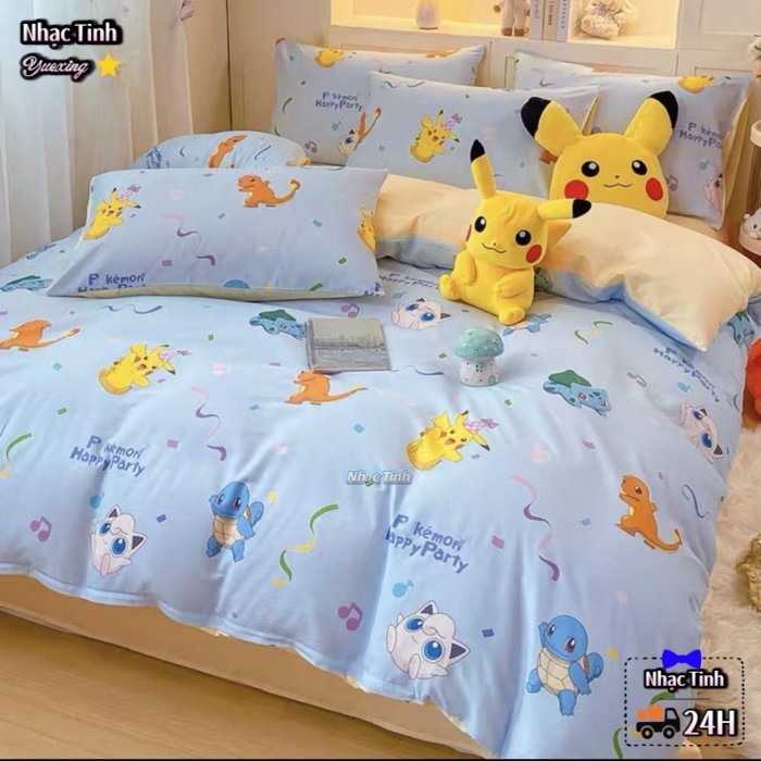 Bộ 4 món vịt Kodak cao cấp Pikachu Gengar vỏ chăn ga trải giường ký túc xá sinh viên Bộ 3 món