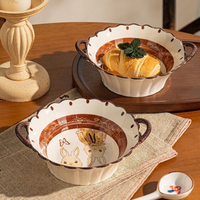 Cute Rabbit Ceramic Double-eared Dinner Bowl Salad Bowl Underglaze Color Household 2026 New Noodle