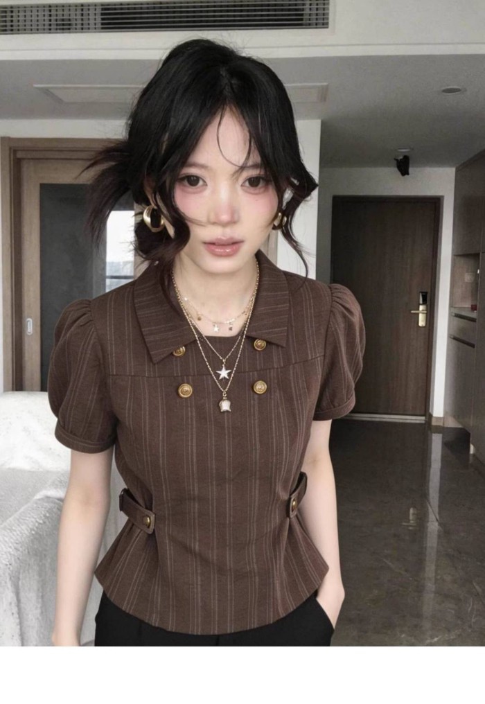 Retro Striped Style Double-breasted Short-sleeved Shirt For Women With Lapel Puff Sleeves And Wa