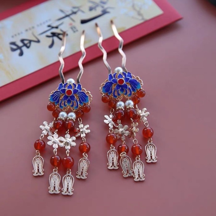 [Phụ kiện phong cách cổ xưa] Yulin Lin Cloisonne Design Burnt Blue Tua Rua Cặp Kẹp tóc Hanfu Vỏ nhỏ 