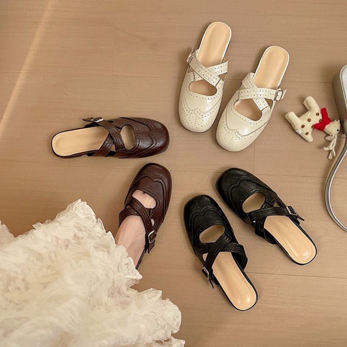 French Retro Style Cross Buckle Toe Half Slippers For Women Summer New Large Size Lazy Mule S