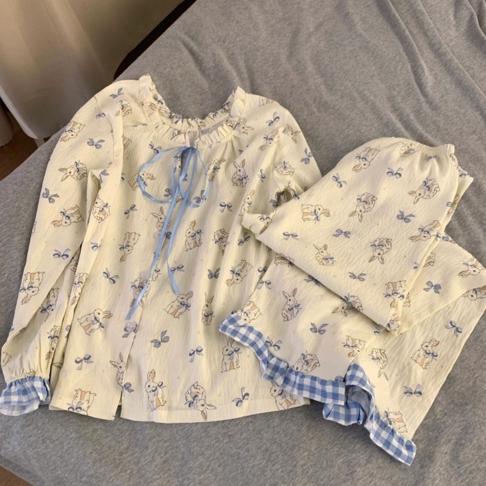 New Contrasting Color Plaid Lace Long-sleeved Suit Sweet And Cute Bunny Comfortable Casual Home