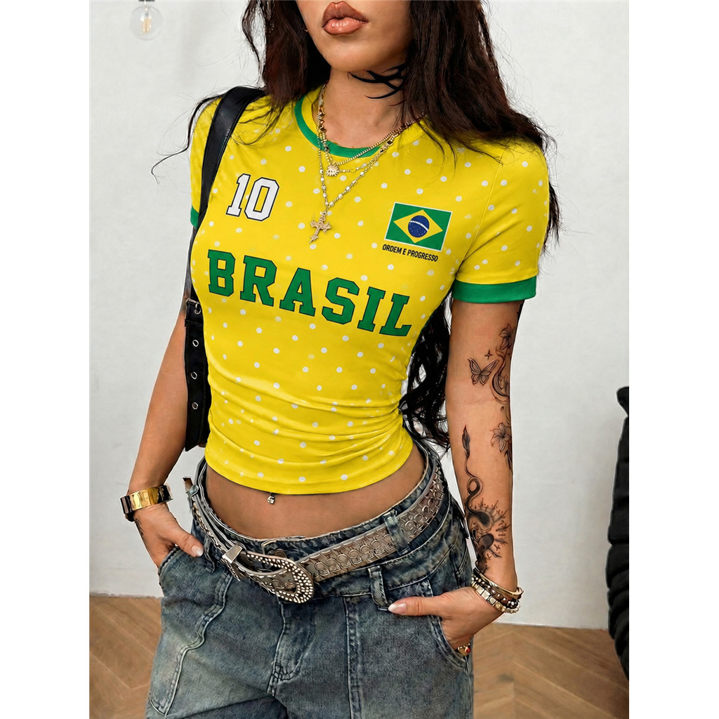 Áo thun sọc mỏng tay ngắn dành cho nữ có in hình "Brazil" – Áo bóng đá kiểu Brazil