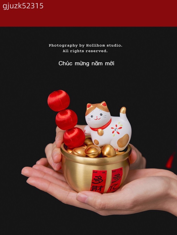 Mèo Thần Tài vẽ tay của Houli "Mao Wancai" Bát Kho Báu Đồng Thau Trang Trí Nhỏ - Quà tặng khai trươ