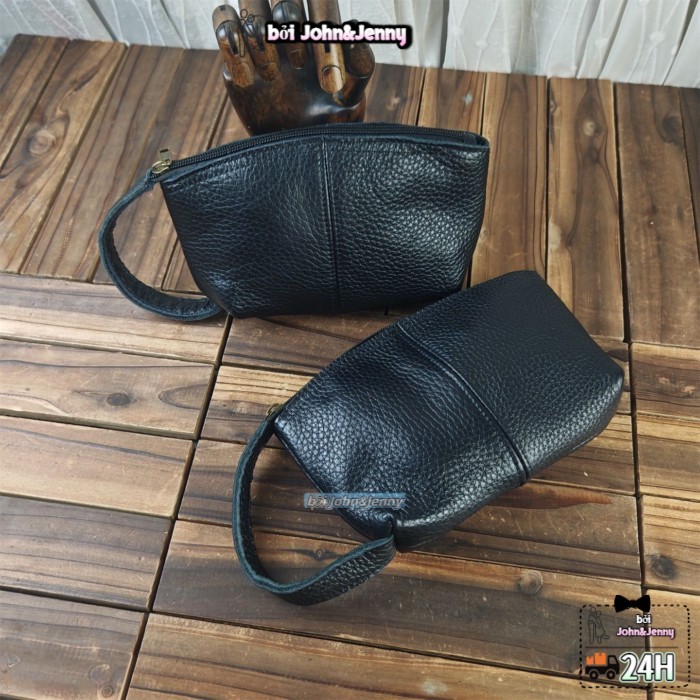 Women's Genuine Leather Top Layer Cowhide Zipper Bag Change Data Cable Storage Bag Hand Bag Mobile