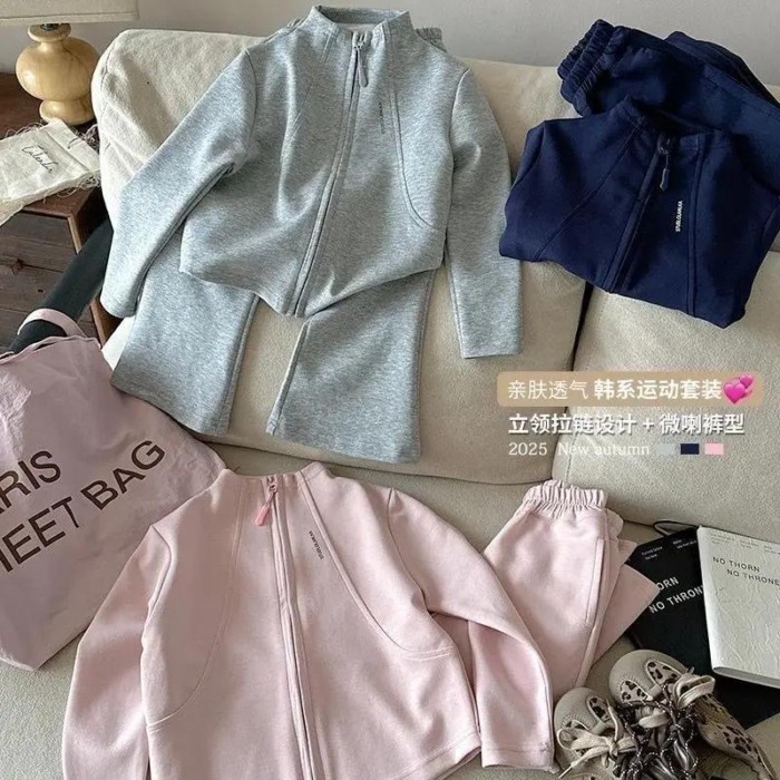 Korean Style Zipper Suit For Girls, Stylish Korean Style Jacket, Flared Pants, Slim Sports Two-p