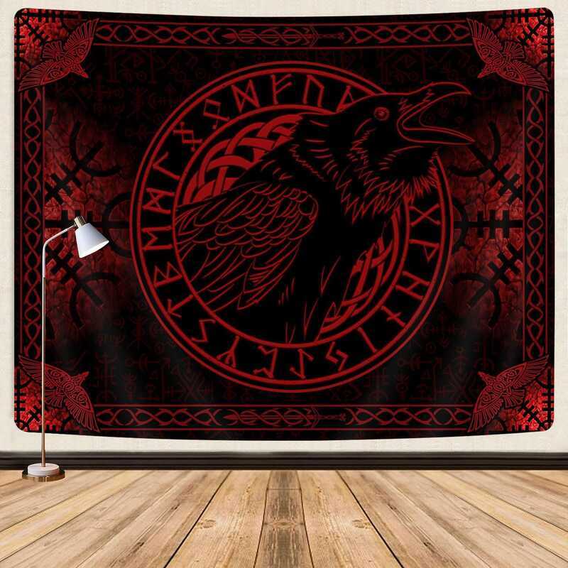 Tấm thảm Viking, Na Uy Viking Crow Thiền Rune Wall Nghệ thuật cổ xưa Tấm thảm đỏ treo tường, Viking 