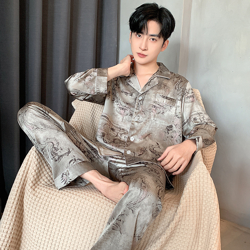 Ice Silk Long Sleeve Set Men Pajamas