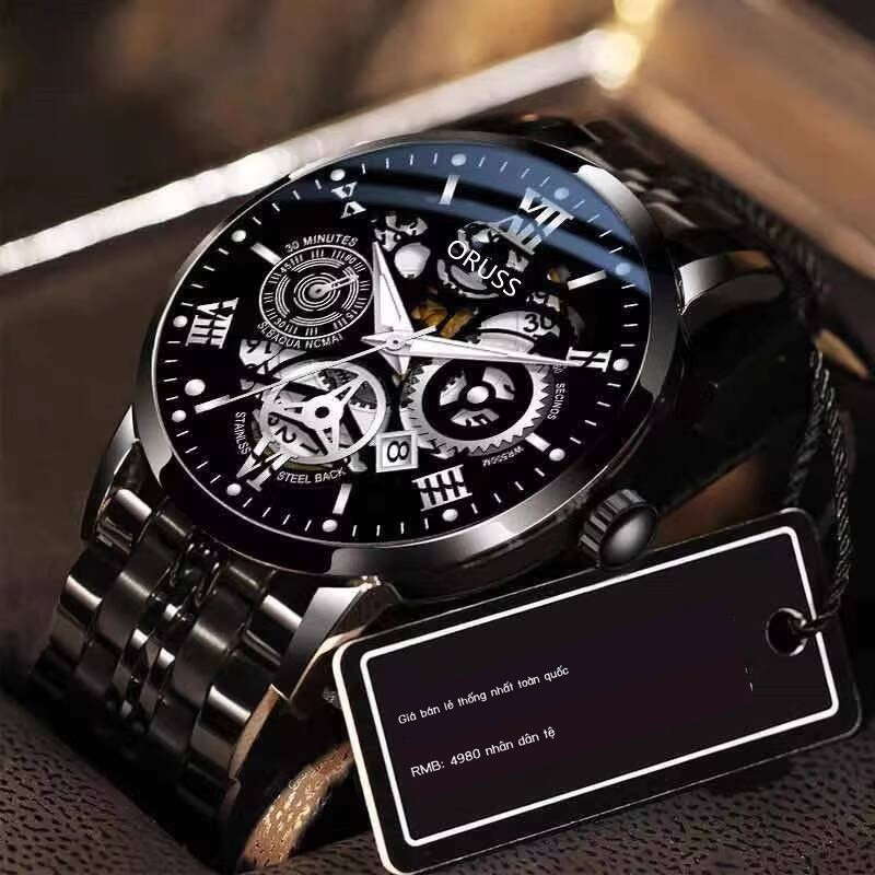 Đồng hồ nam ORUSS phát sáng chống nước, lịch tự động, dây đeo thép không gỉ thời trang
