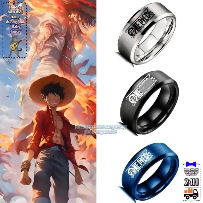 Nhẫn One Piece Cướp Biển Mũ Rơm Luffy Logo Nhẫn Thép Titan Khắc Cá Tính Nam Nữ Hoạt Hình Ngoại Vi V