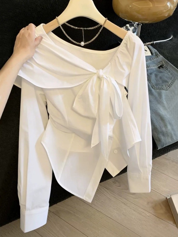 Korean Style Slim-fitting Korean Style Oblique Shoulder Lace-up Bow Shirt For Women, New Irregu