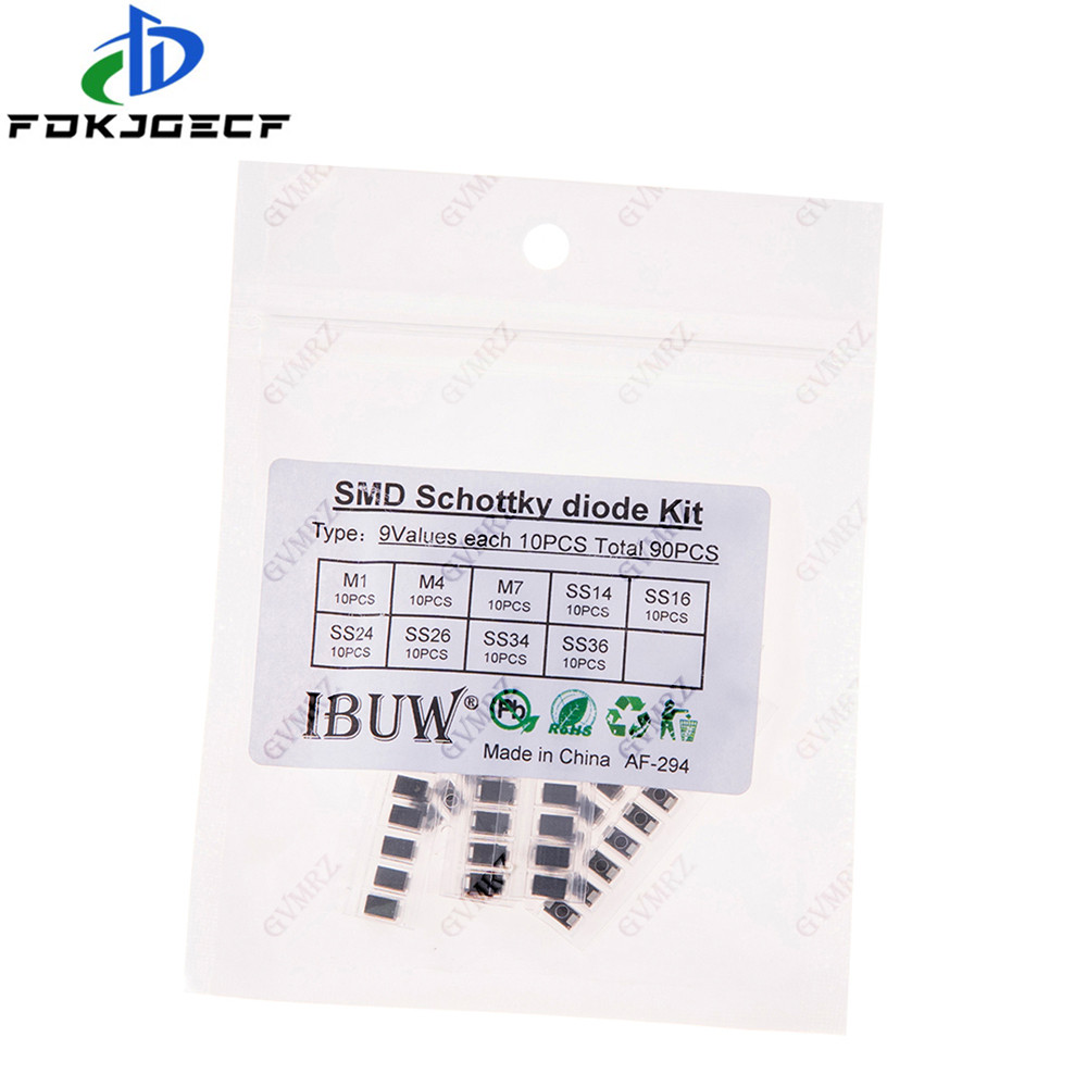 90 Chiếc 9Values SMD Schottky Diode Kit M1 M4 M7 SS14 SS16 SS24 SS26 SS34 SS36 Cho Các Dự Án Chỉnh L