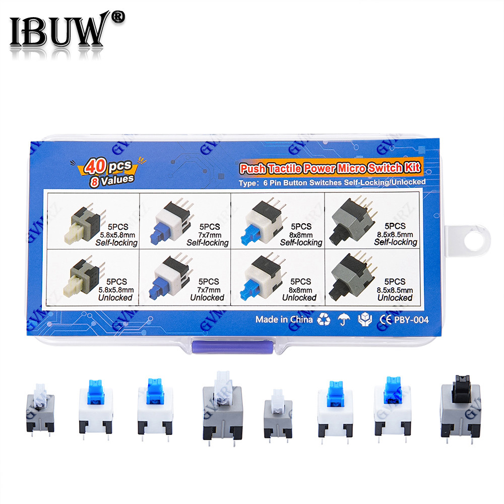 40 Chiếc 8Values Đẩy Xúc Giác Micro Switch Kit 6Pin Tự Khóa / Mở Khóa Cho Điện Tử Dự Án DIY
