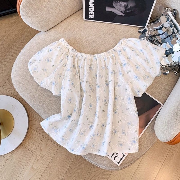 Lan ~ Bé Gái Mùa Hè Phong Cách Mới Học Sinh Tiểu Học Thời Trang Tay Ngắn Bé Gái Mùa Hè Tay Phồng Ngọt Hoa Top