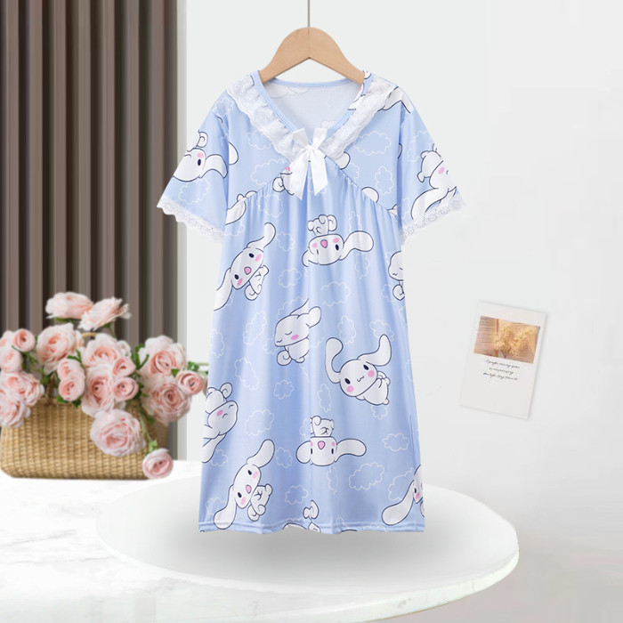 Affordable Kids Sleepwear Kawaii Kid Short Sleeve Nightclothes Girls V-Neck Nightdress for 7 - 8 yea