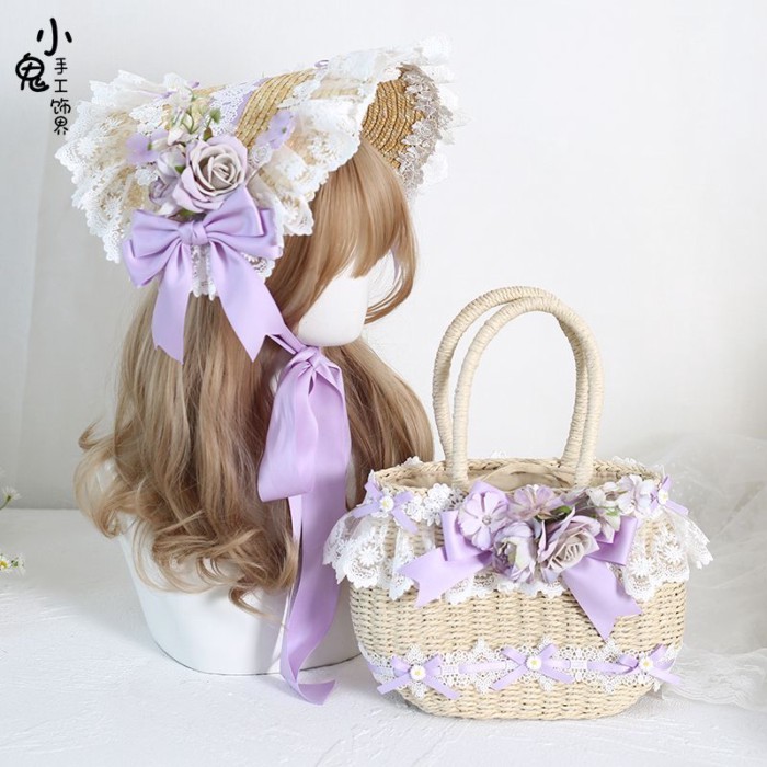 Chính Hãng lolita lolita Bavaria Bornett Mũ Phẳng Ren Mũ Phẳng Mùa Hè Mũ Rơm Túi Dệt Thanh Lịch loli