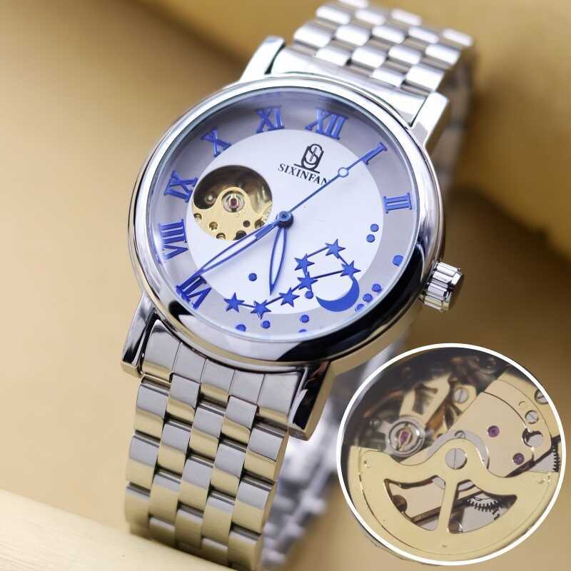 Đồng hồ Sixinfan Đồng hồ cơ tự động rỗng dành cho nam Dây đeo bằng thép không gỉ Đồng hồ nam chống nước dạ quang