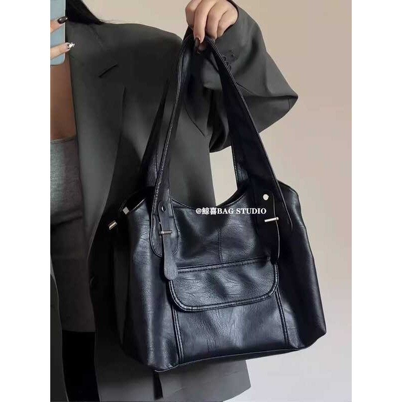 Cá Voi Xi Niche Đen Lớn Dung Tích Túi Da Thật Thật Túi Tote Lớp Đi Lại Nách Đặt Hàng Vai Túi Messenger