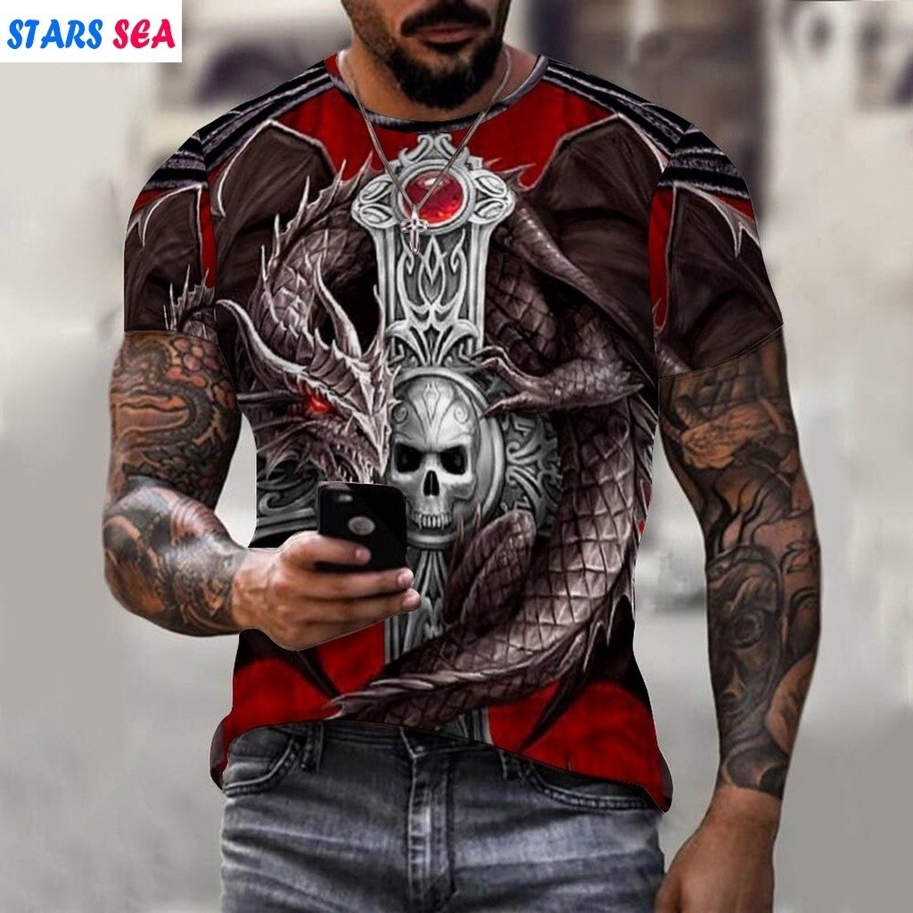 Mùa Hè 3D In Hình Viking Hình Xăm Rồng Siêu Nóng Lớn Áo Thun Nam 2026 Cổ Hip-Hop Tay Ngắn Áo Tee