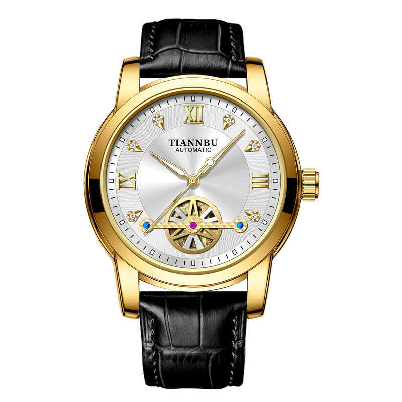 Đồng hồ đeo tay kim cương Tourbillon rỗng Đồng hồ cơ tự động phát sáng dành cho nam Dây đai kinh doanh chống nước