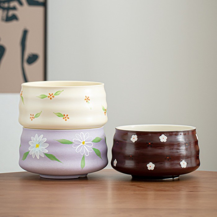 [Phụ kiện bộ trà] Bát Matcha được vẽ tay Bộ trà gốm Phụ kiện Bộ chân đế máy lắc trà phong cách Nhật 