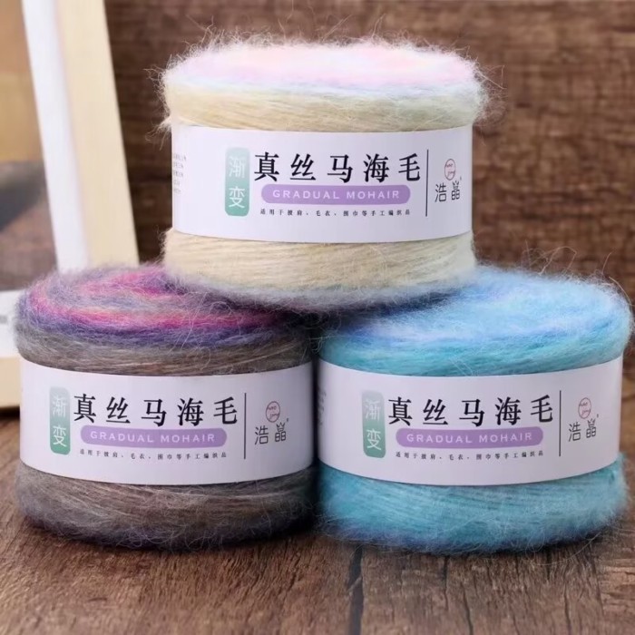Cung cấp độc quyền Gradient Silk Mohair Len dệt kim tay Áo len dài nhuộm màu cầu vồng Mohair Len