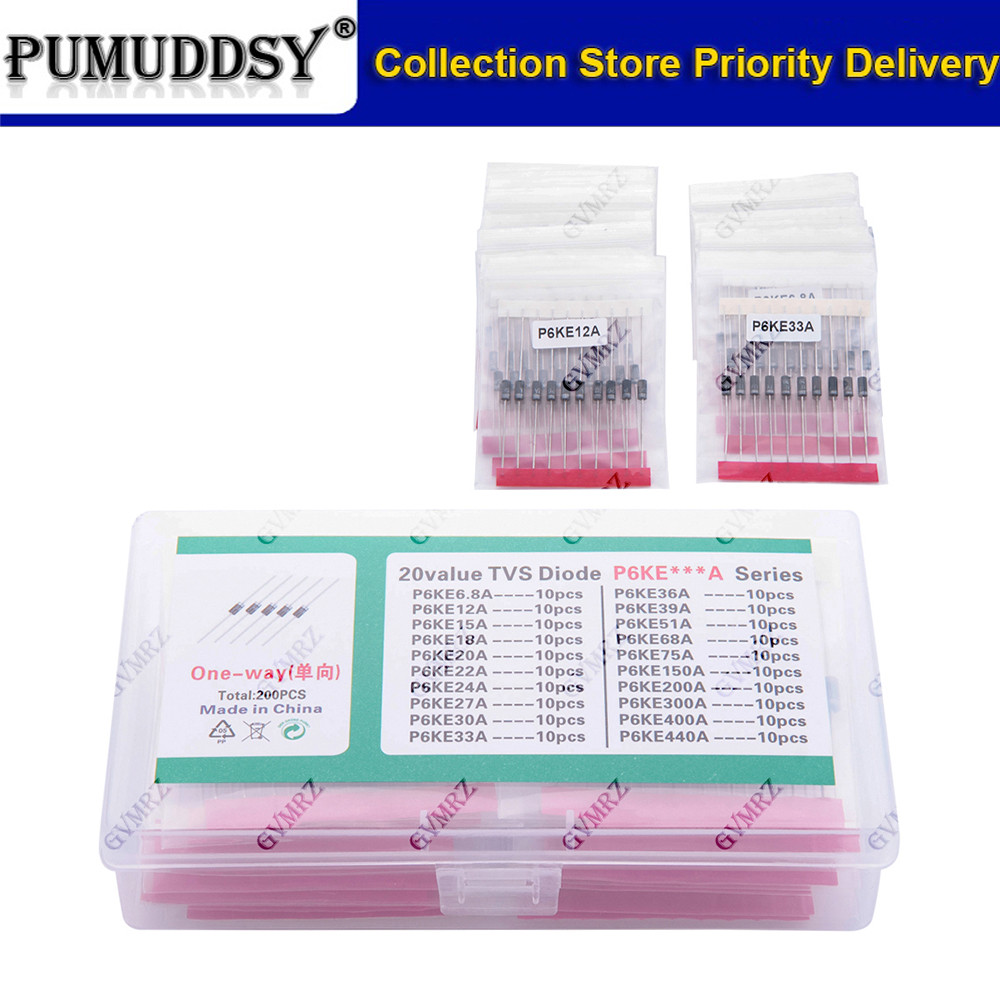 200 chiếc 20values * 10 chiếc Bộ bóng bán dẫn TVS P6KE6.8 A 12 / 15 / 18 / 20 / 22 / 24 / 27 / 30 / 