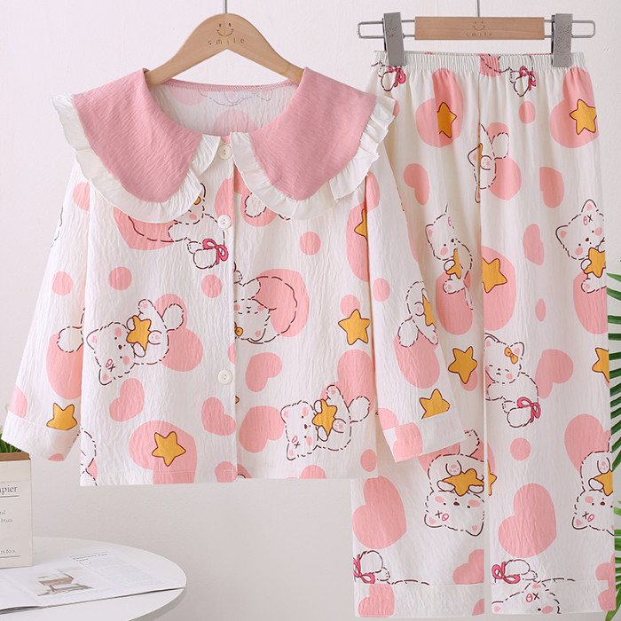 Bulk Discount Girls Long Sleeve Doll Collar Pajamas Children Poly-cotton Relaxing Loungewear for 9 -