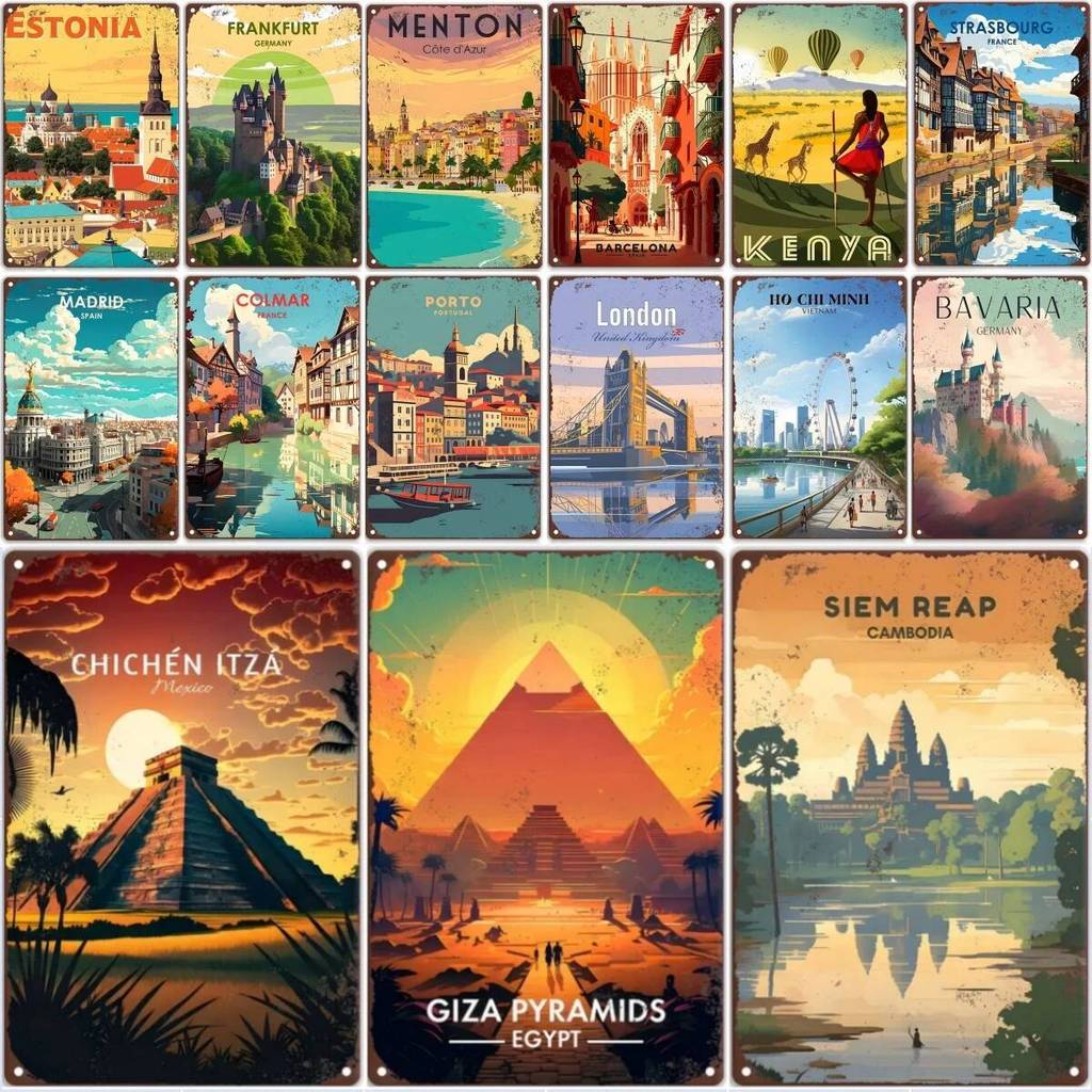 Du lịch vòng quanh thế giới Dấu hiệu kim loại cổ điển.KENYA, EGYPT, PYRAMIDS Retro Poster, Nhà, Than
