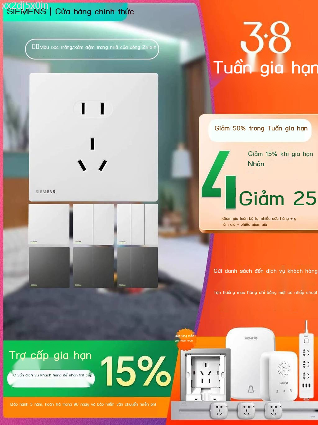 ( Sẵn) Công tắc và ổ cắm Siemens, ZhiXinYa màu trắng, mỏng, khoảng cách lỗ lớn, 5 lỗ, sạc nhanh 20W