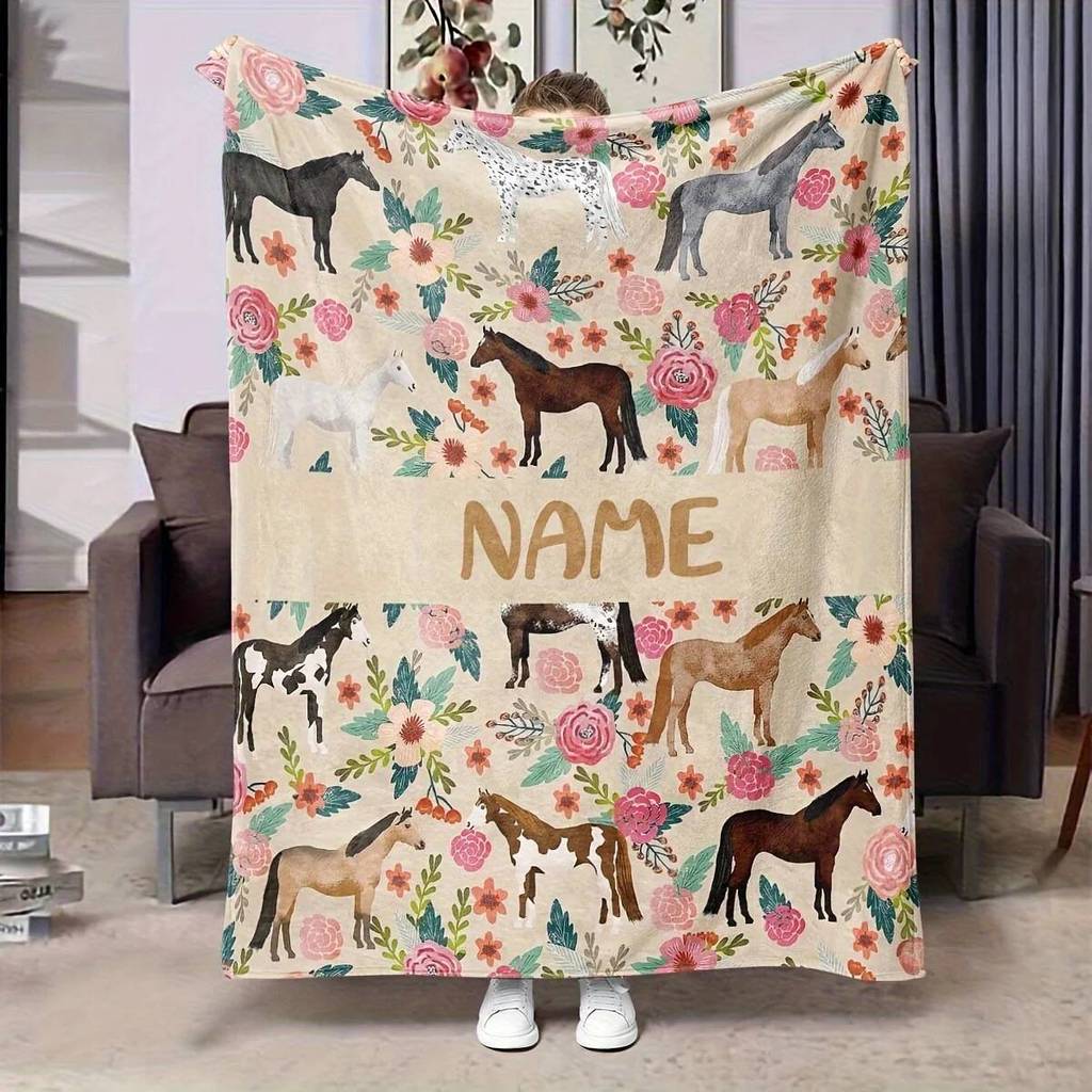 1 Cá Tính Tùy Chỉnh Tên Hoa Pony Flannel Chăn Mềm Mại Ấm Áp Tất Cả Các Mùa Ấm Áp Ném Cho Văn Phòng T