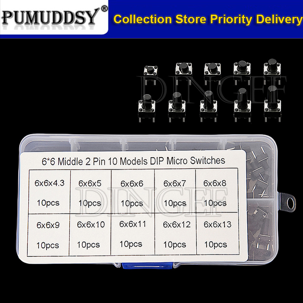 10Values 100 Chiếc Micro Tactile Switch Tạm Thời Tact DIP Switch 2Pin 6x6mm Micro Touch Nút Nhấn Côn