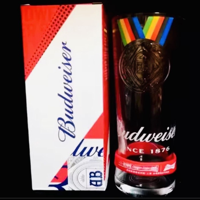 Cốc bia thủy tinh Budweiser Huy chương vàng Olympic cốc lấp lánh 330ml có vòng chống trượt cốc bia