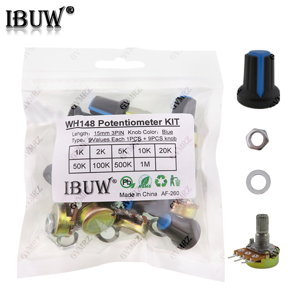 18 CÁI (9Values + 9Knobs) WH148 Bộ áp suất (1K-1MΩ 15mm 3PIN) có núm màu xanh cho thiết bị âm thanh 