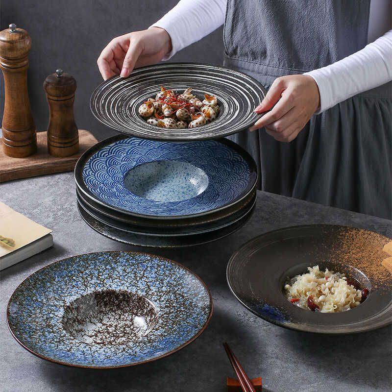 Gốm Nhật Bản Ống Hút Mũ Đĩa Pasta Đĩa Súp Sáng Tạo Pasta Salad Đĩa Retro UFO Tròn Sâu Súp Đĩa Bán Bu