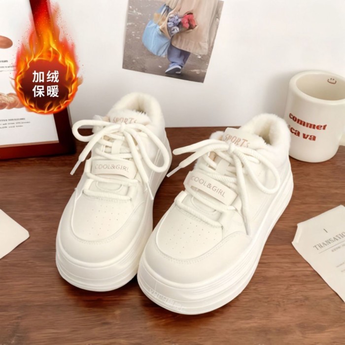 Giày nhung ấm áp, giày trắng đế dày cho nữ, giày thể thao đế mềm, giày thể thao